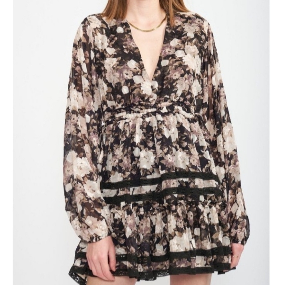 En Saison Rena Mini Dress Floral V-neck Black Silver Gray NWT Plus Size 2X